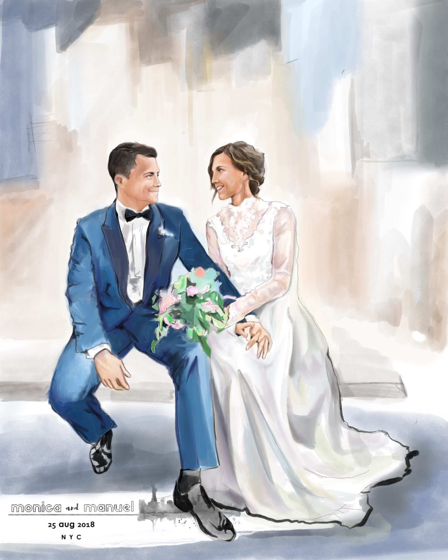 Hand-drawn wedding ceremony sketch from a wedding in NYC, created by a live wedding artist