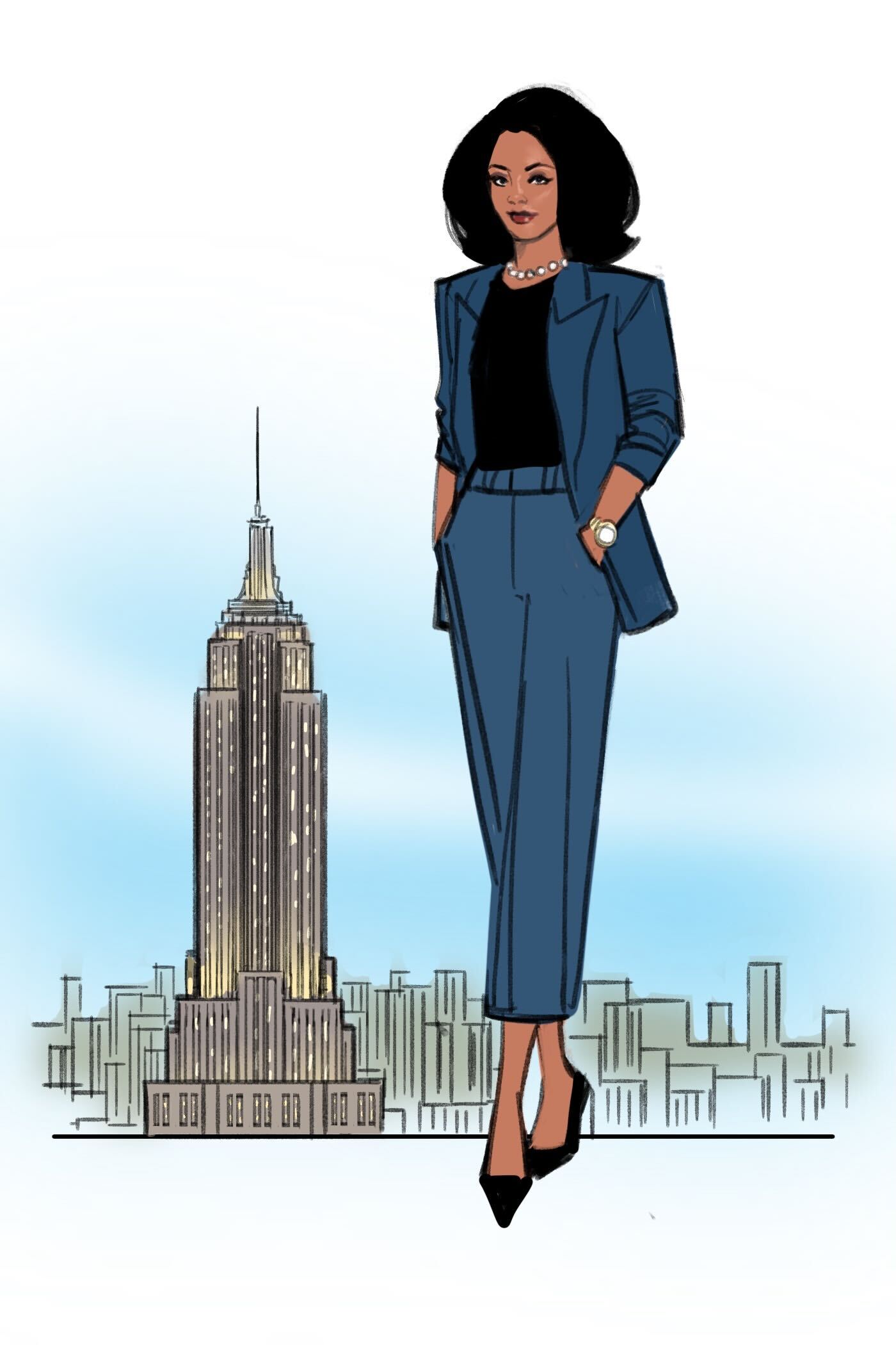 Live fashion illustration with NYC skyline and New York-themed elements by event sketch artist