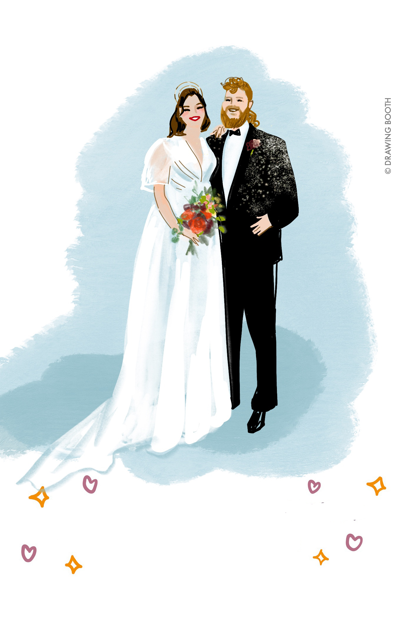 Wedding sketch artist in Chicago creating live portrait of newlywed couple